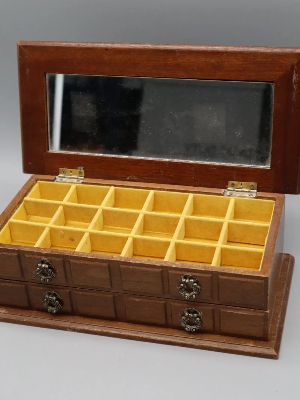 Vintage Wooden Jewelry Organizer Box w/ Mirror Velvet Lined Metal Hardware 11
